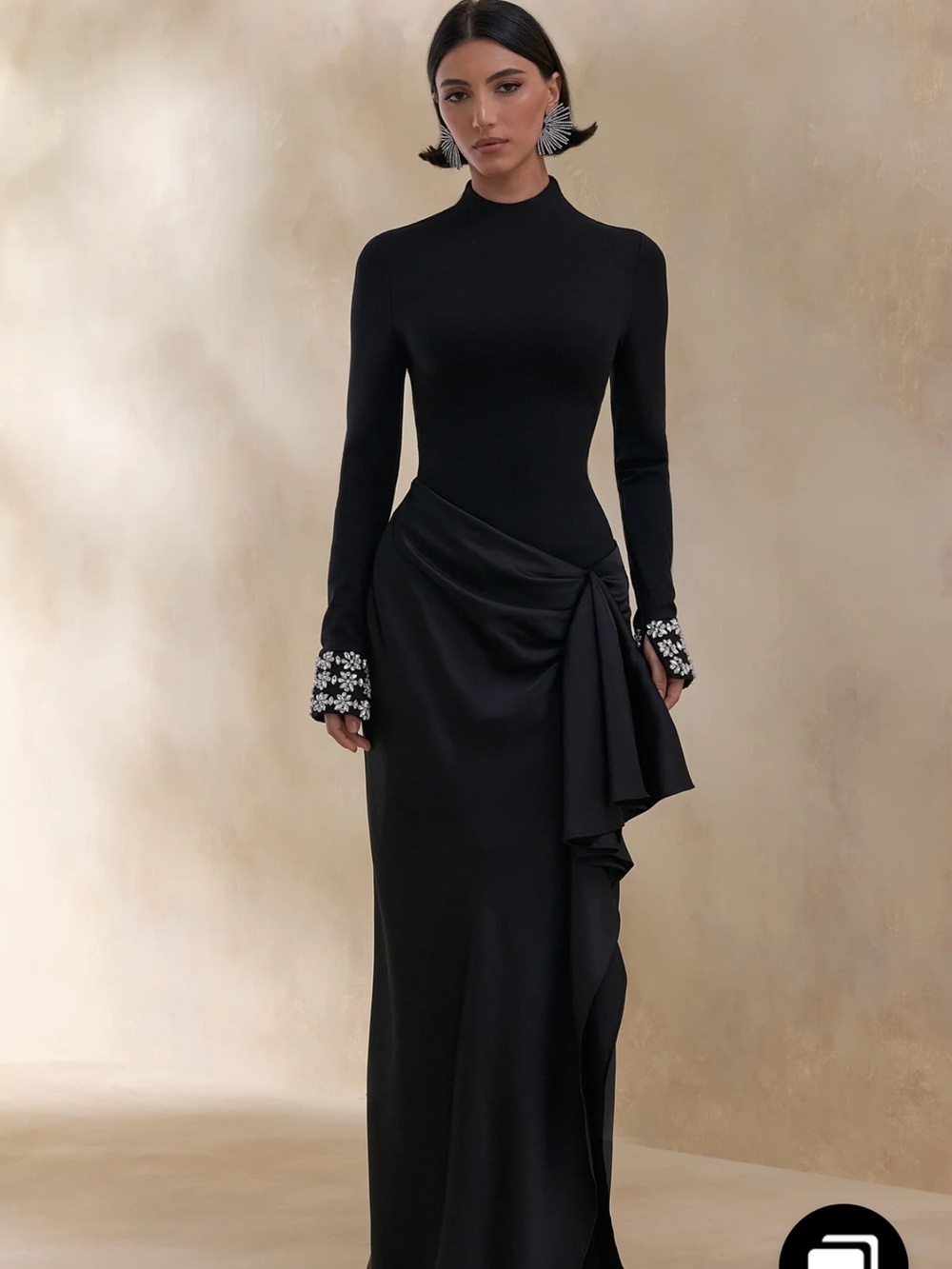 Club L London Black Long-Sleeve Evening Gown with Embellished Cuffs
